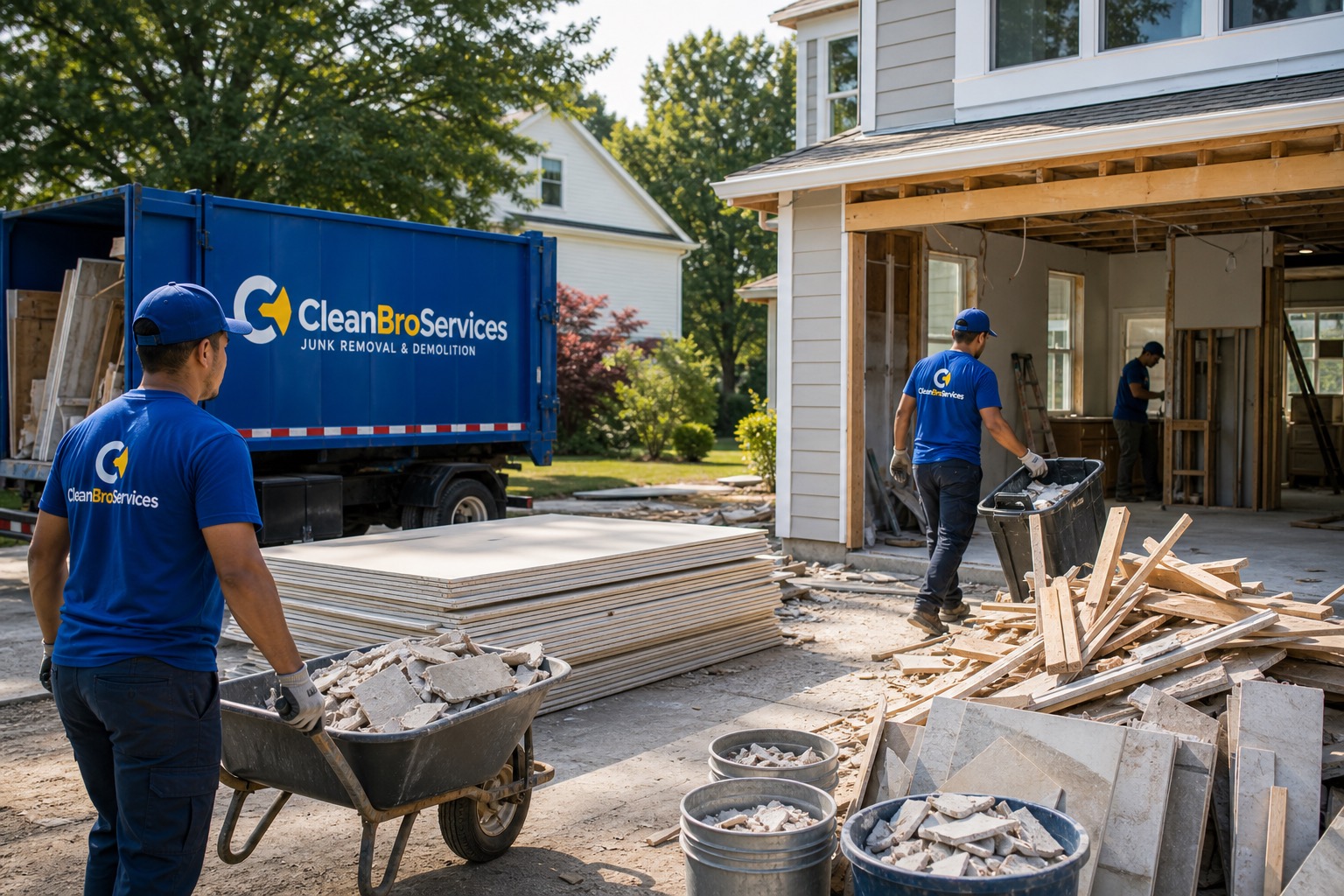 Construction debris removal scene with CleanBroServices crew clearing renovation debris from a home project