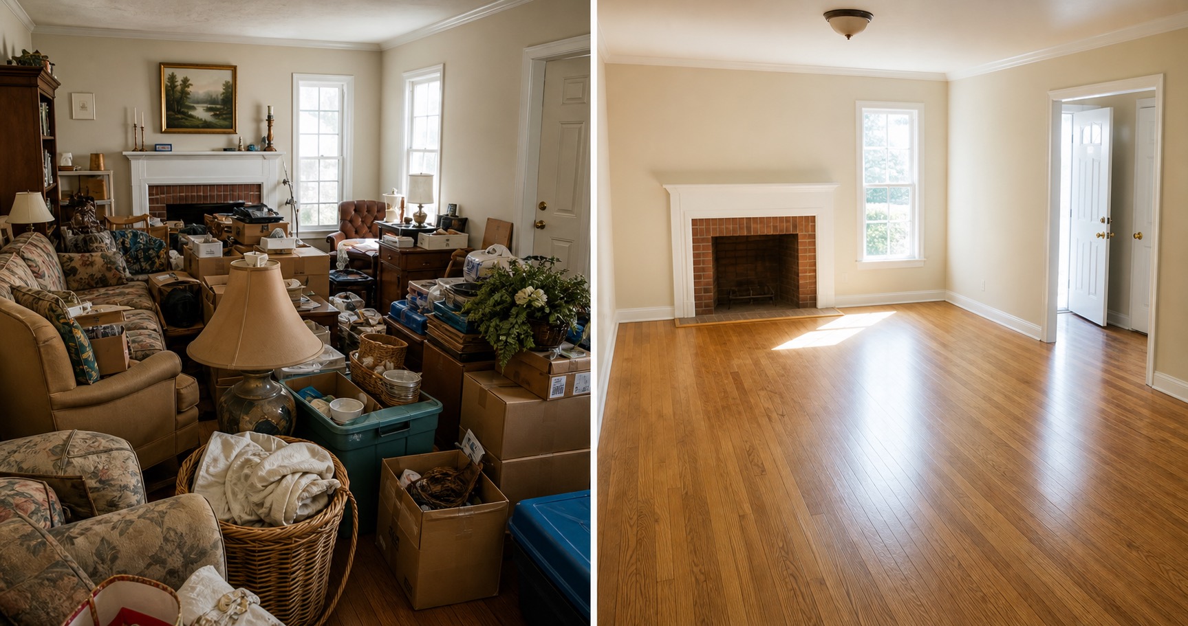 Before and after estate cleanout showing a packed living room transformed into a cleared listing-ready room
