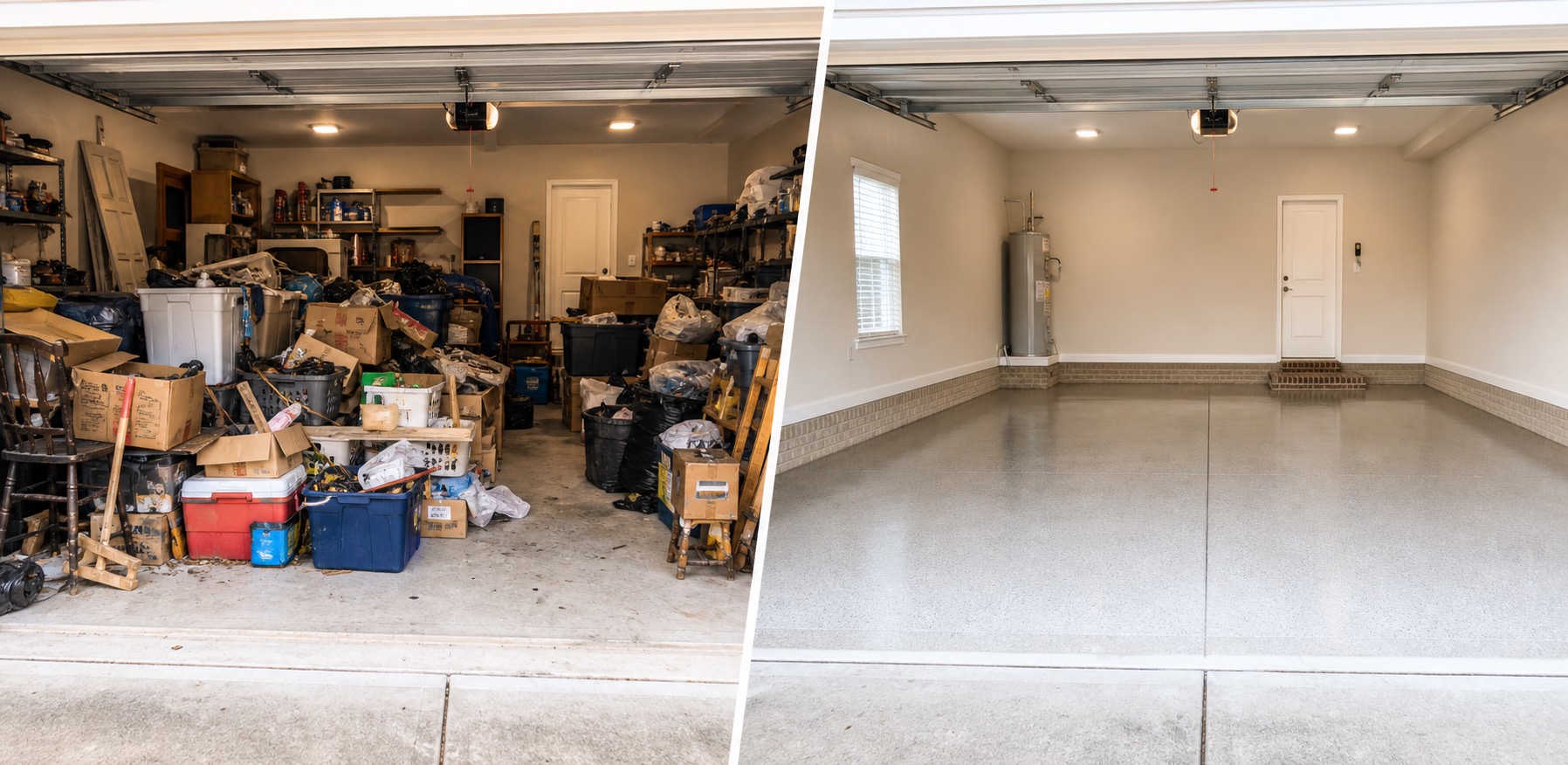 Before and after garage cleanout showing a cluttered garage transformed into an empty clean space