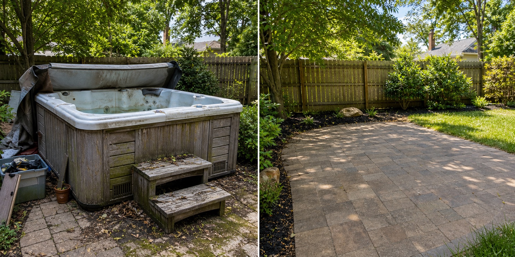Before and after hot tub removal showing an old backyard spa replaced by a clean patio space