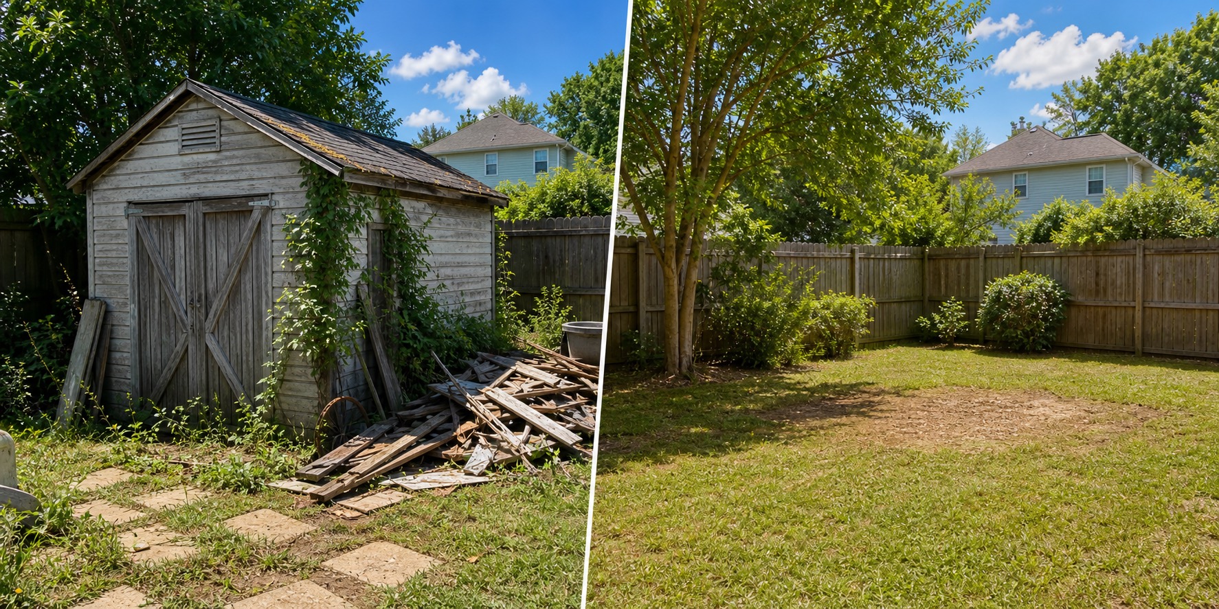 Before and after shed demolition showing an old shed removed and a clean open yard